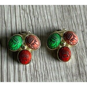 Vintage Acrylic Scarab Cabochon Clip On Earrings Cluster Statement Red Green